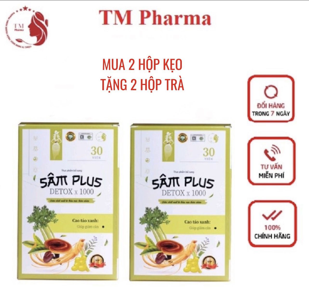 2 Kẹo Giảm Cân Sâm Plus Detox X1000 tặng 2 Trà hồng đào cam sả tắc